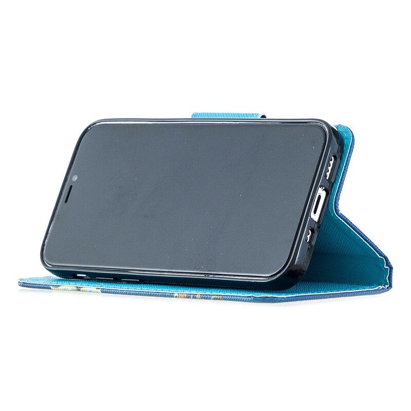 Custodia in pelle iPhone 12 Mini Farfalle Blu E Fiori Con Cinturino
