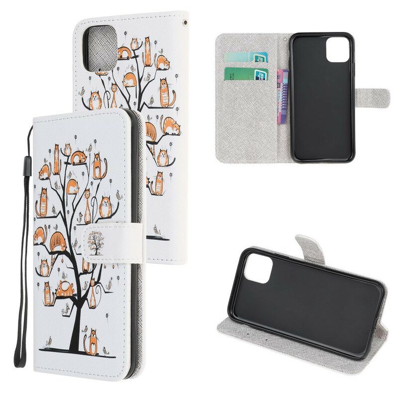 Custodia in pelle iPhone 12 Mini Gatti Funky Con Cinturino