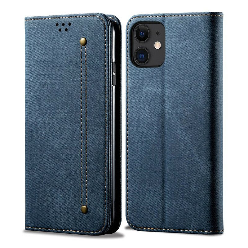 Folio Cover iPhone 12 Mini Custodia in pelle Trama Di Jeans In Ecopelle