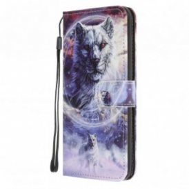 Custodia A Portafoglio Samsung Galaxy A22 5G Lupo In Inverno Con Cordino