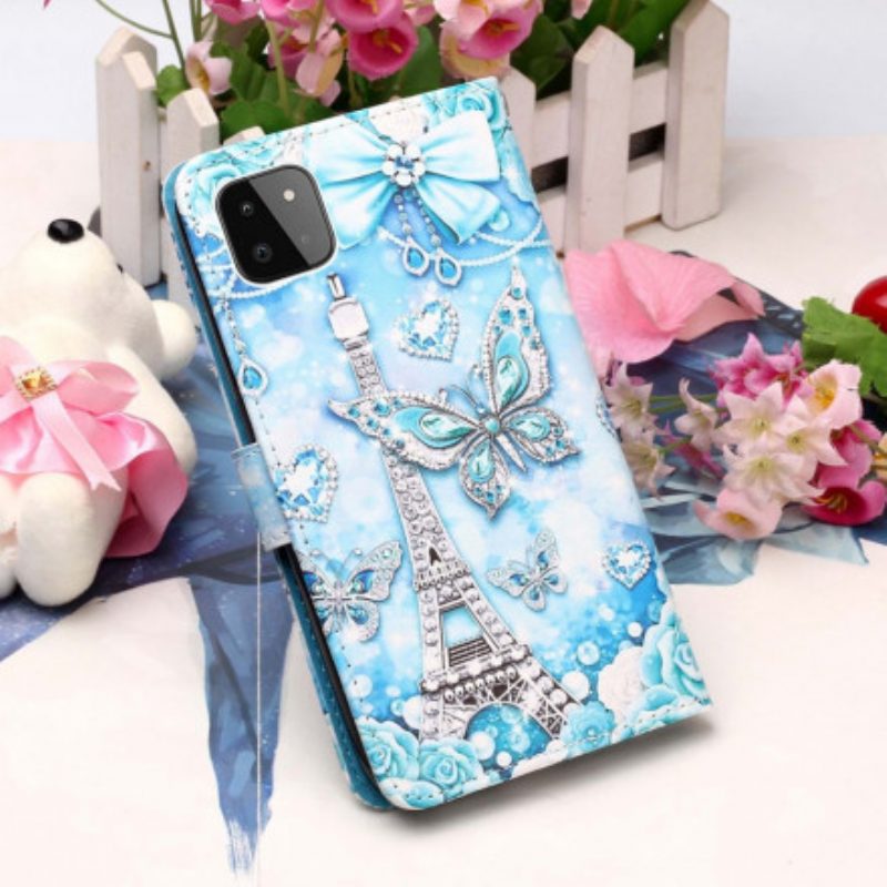 Custodia in pelle Samsung Galaxy A22 5G Cinturino A Farfalla Della Torre Eiffel