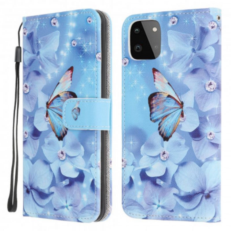 Custodia in pelle Samsung Galaxy A22 5G Farfalle Di Diamanti Strappy