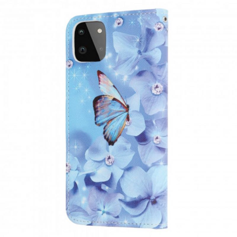 Custodia in pelle Samsung Galaxy A22 5G Farfalle Di Diamanti Strappy
