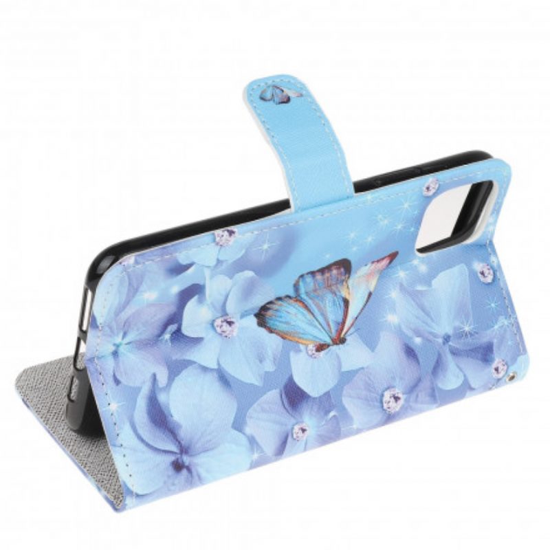 Custodia in pelle Samsung Galaxy A22 5G Farfalle Di Diamanti Strappy