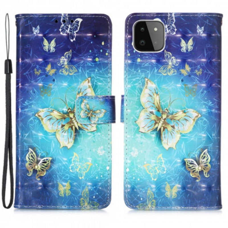 Custodia in pelle Samsung Galaxy A22 5G Farfalle Dorate Con Cinturino