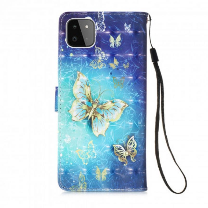 Custodia in pelle Samsung Galaxy A22 5G Farfalle Dorate Con Cinturino