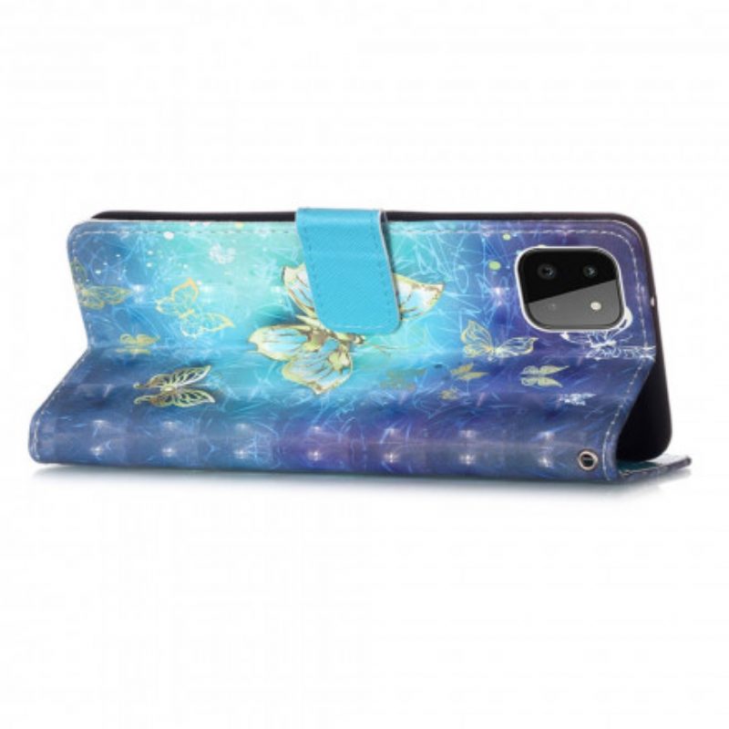 Custodia in pelle Samsung Galaxy A22 5G Farfalle Dorate Con Cinturino