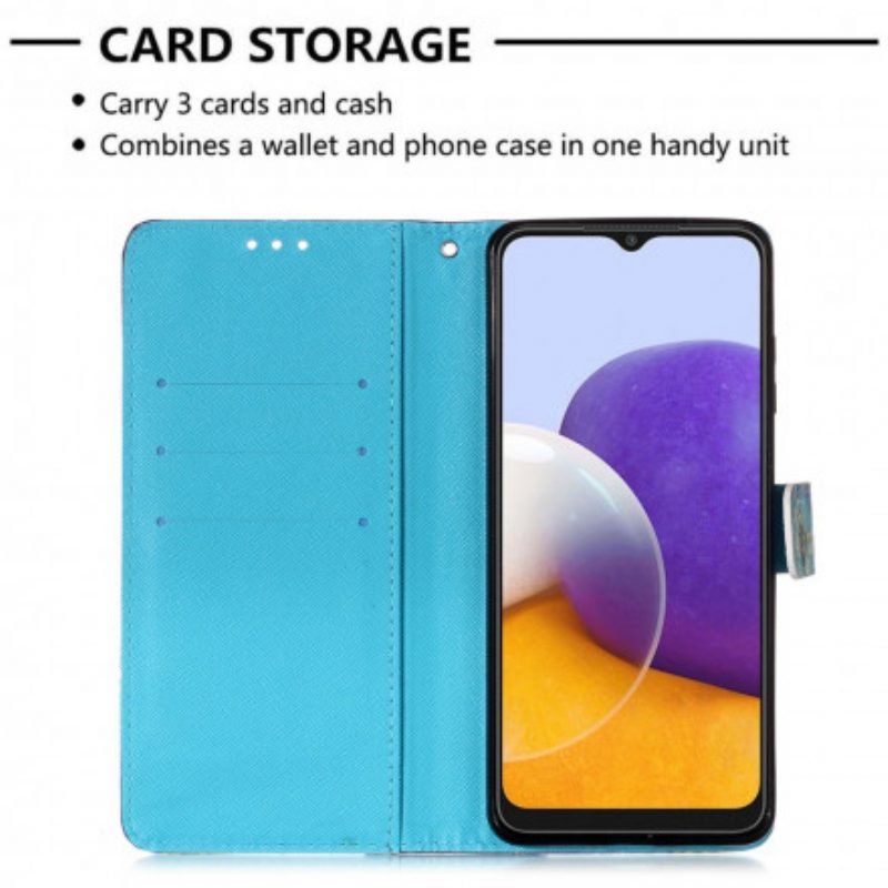 Custodia in pelle Samsung Galaxy A22 5G Farfalle Dorate Con Cinturino