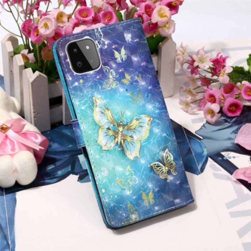 Custodia in pelle Samsung Galaxy A22 5G Farfalle Dorate Con Cinturino