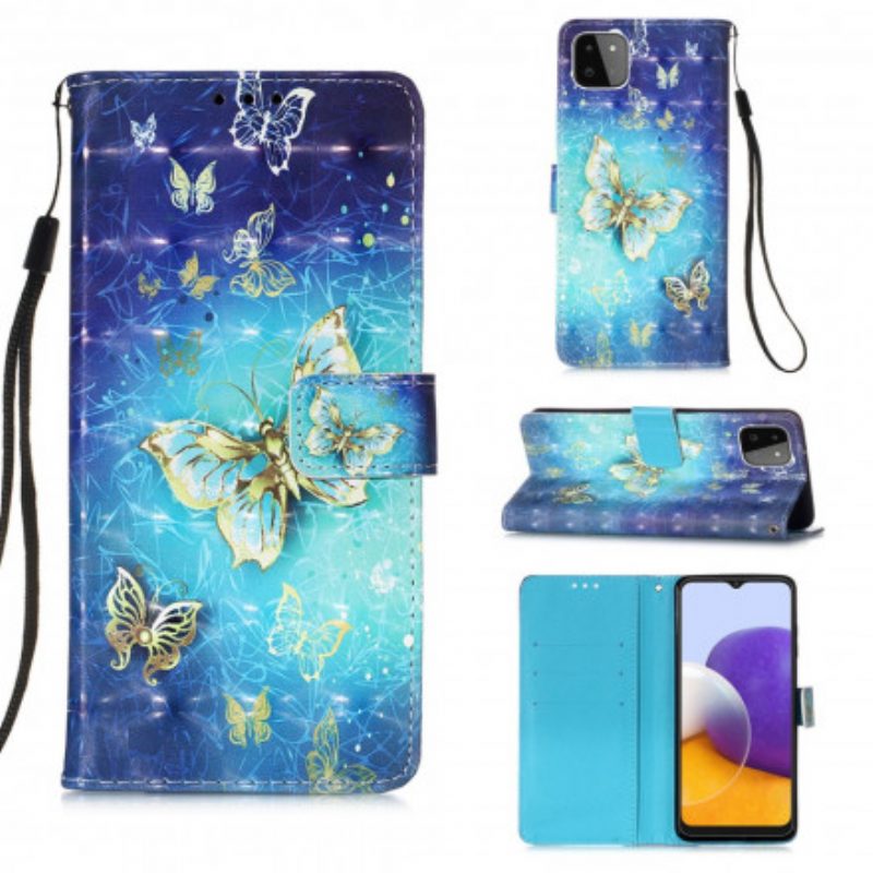 Custodia in pelle Samsung Galaxy A22 5G Farfalle Dorate Con Cinturino