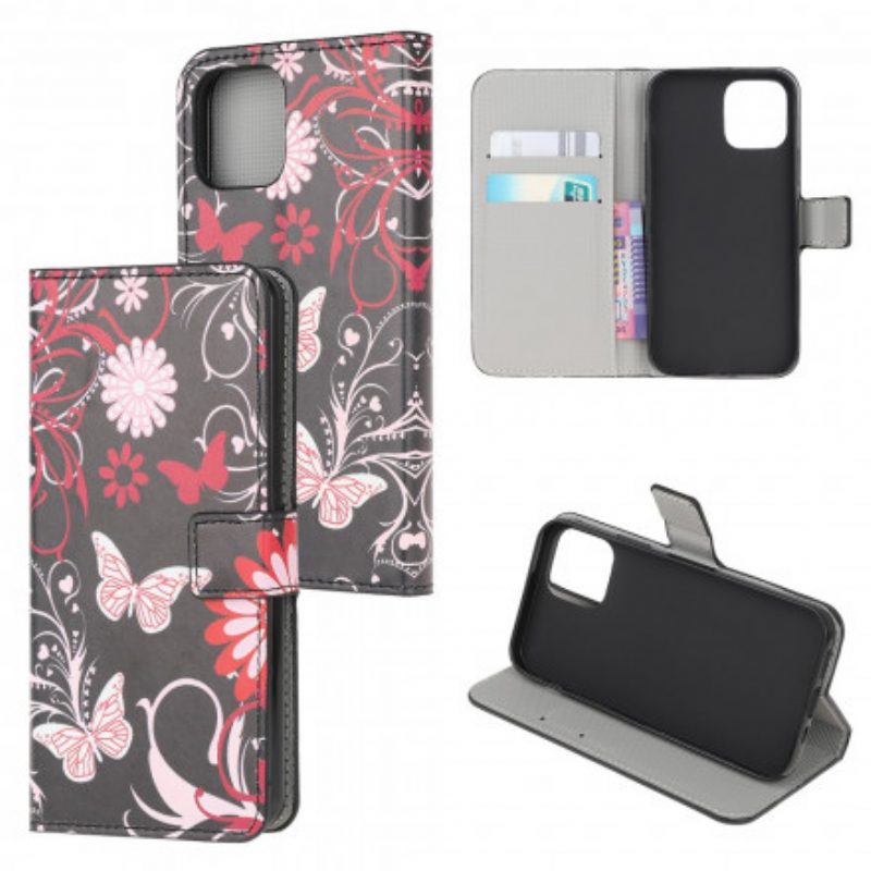 Custodia in pelle Samsung Galaxy A22 5G Farfalle E Fiori