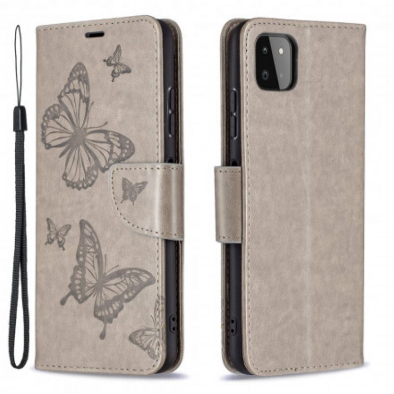 Custodia in pelle Samsung Galaxy A22 5G Farfalle In Volo Con Cordino