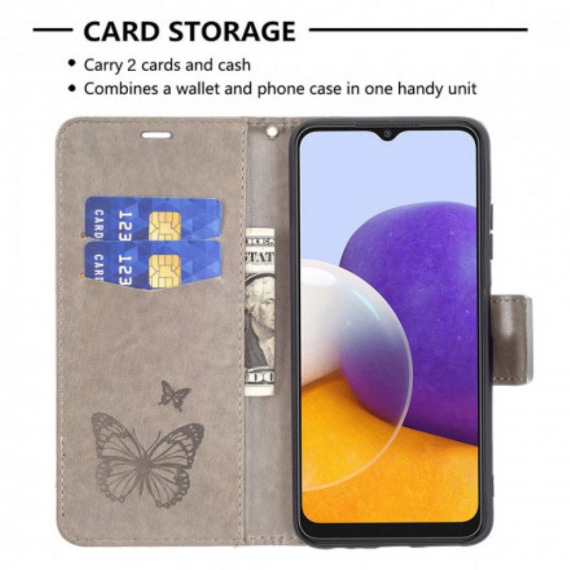 Custodia in pelle Samsung Galaxy A22 5G Farfalle In Volo Con Cordino