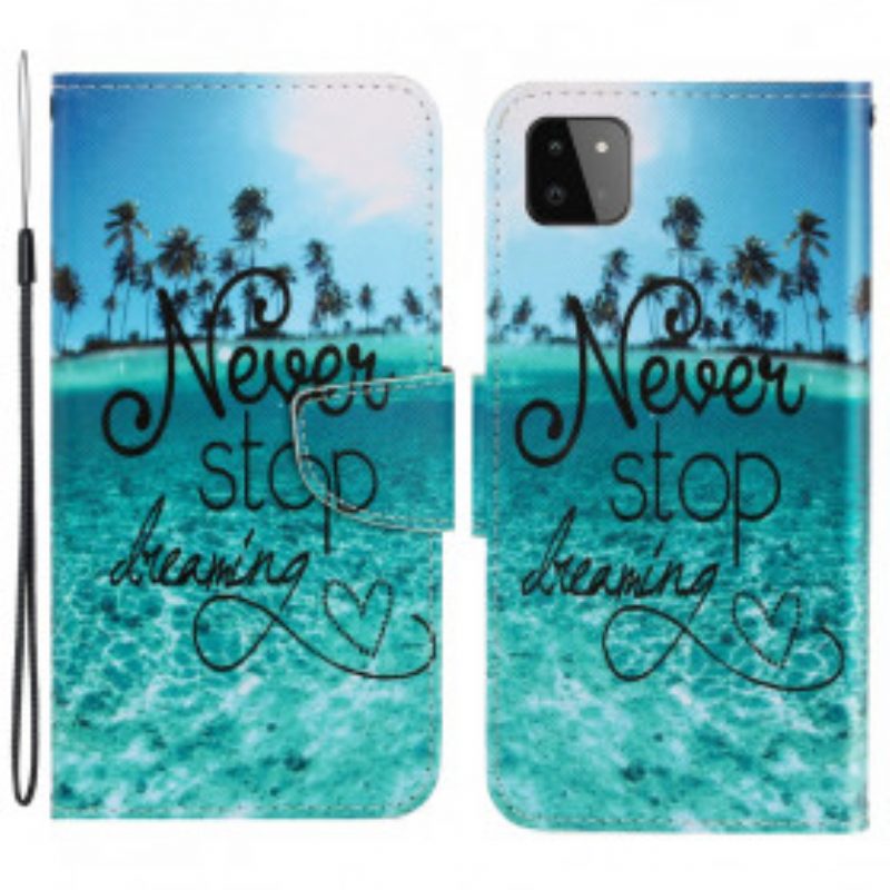 Custodia in pelle Samsung Galaxy A22 5G Non Smettere Mai Di Sognare Navy Strappy