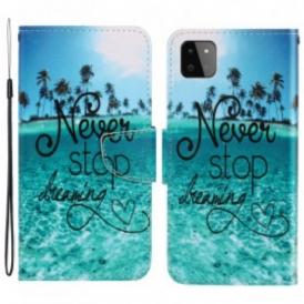 Custodia in pelle Samsung Galaxy A22 5G Non Smettere Mai Di Sognare Navy Strappy