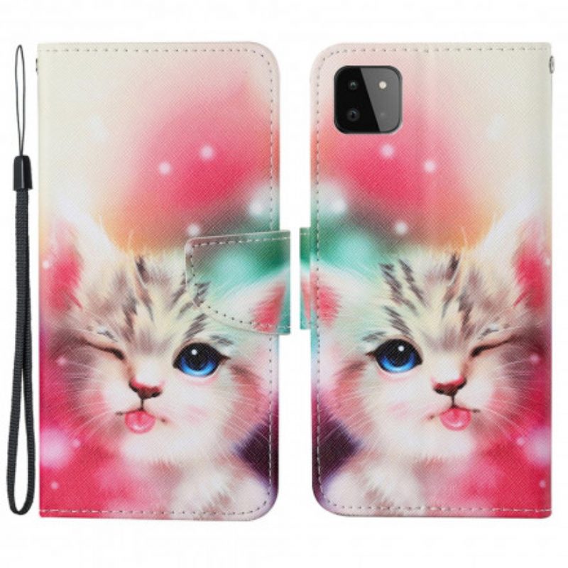 Custodia in pelle Samsung Galaxy A22 5G Storie Di Gatti Con Cordino