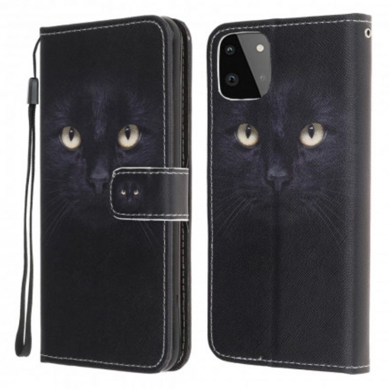Custodia in pelle Samsung Galaxy A22 5G Strappy Occhi Di Gatto Nero