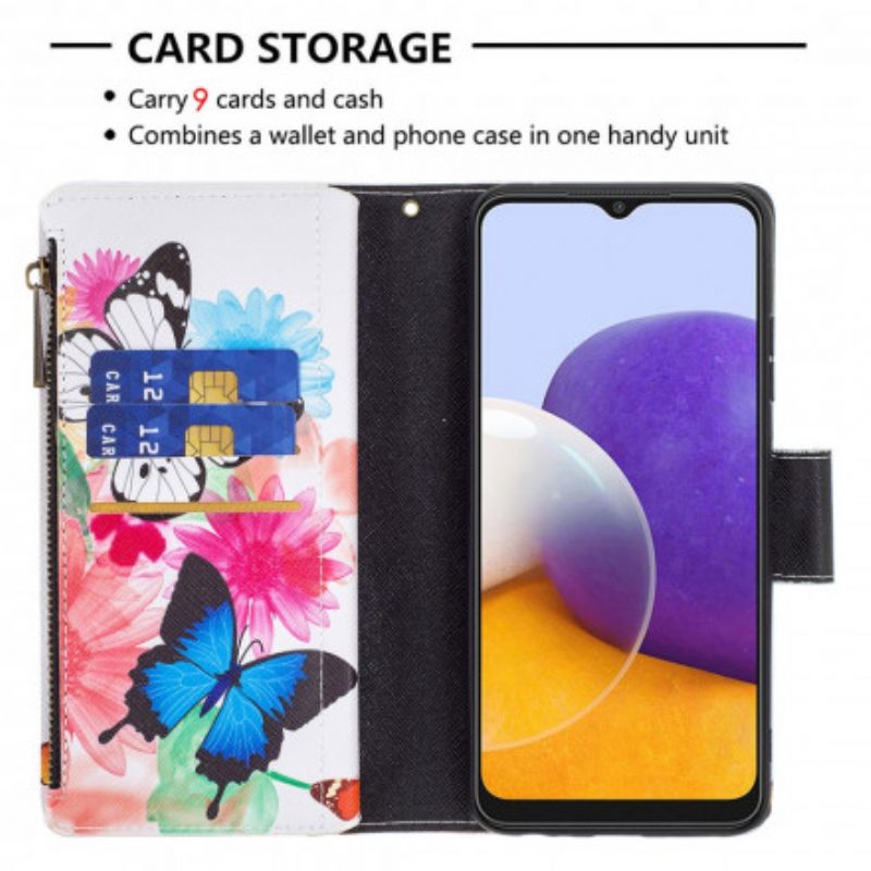 Custodia in pelle Samsung Galaxy A22 5G Tasca Con Cerniera Per Farfalle
