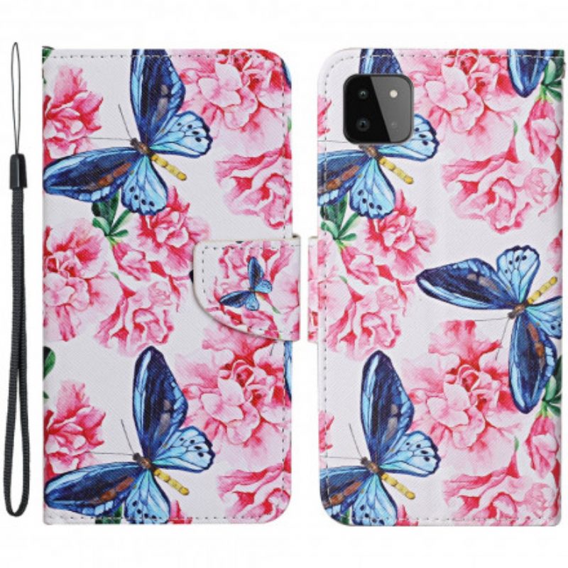 Folio Cover Samsung Galaxy A22 5G Cordino Floreale Con Farfalle
