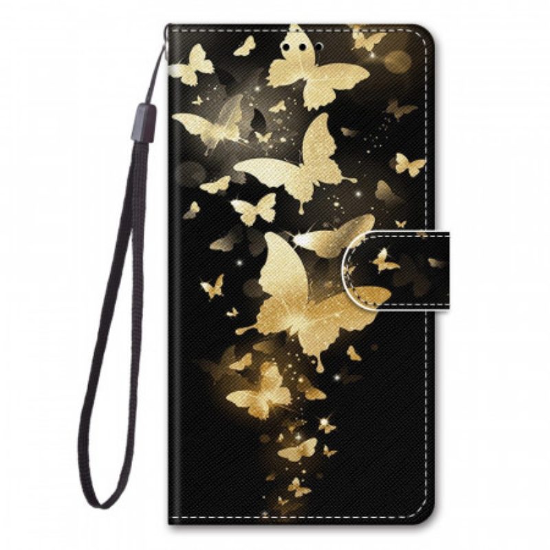Custodia in pelle Samsung Galaxy M53 5G Farfalle D'oro Con Cinturino