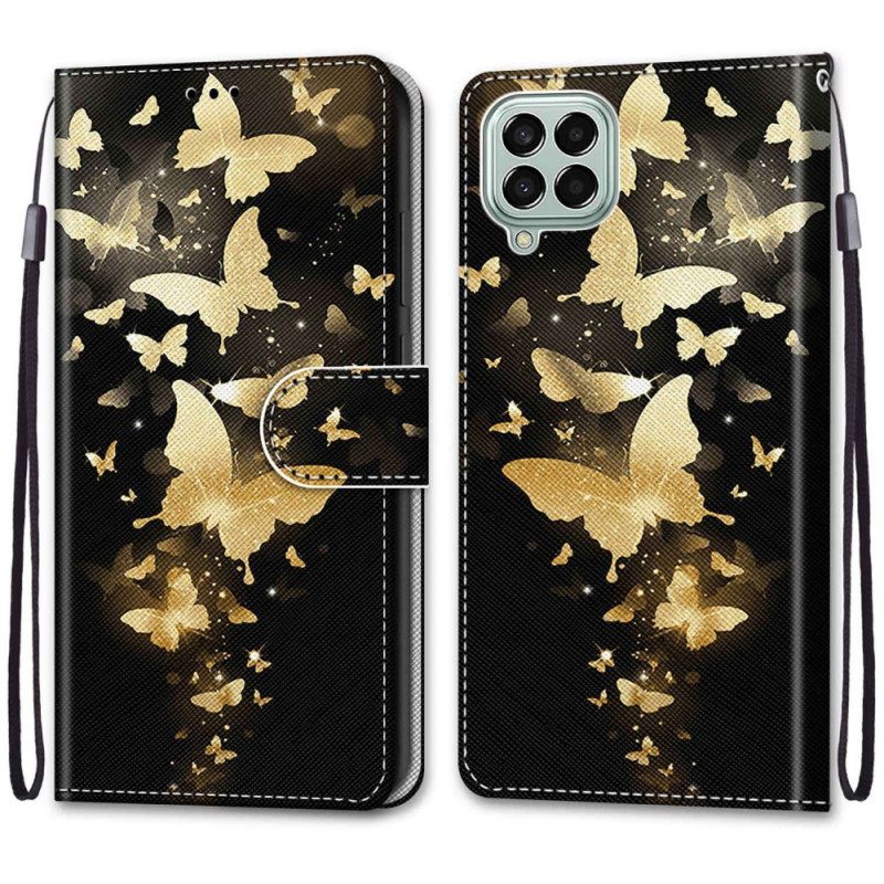 Custodia in pelle Samsung Galaxy M53 5G Farfalle D'oro Con Cinturino