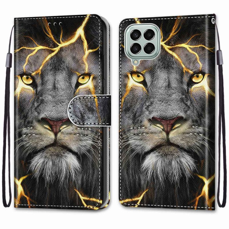 Custodia in pelle Samsung Galaxy M53 5G Felino In Fiamme Con Cinturino