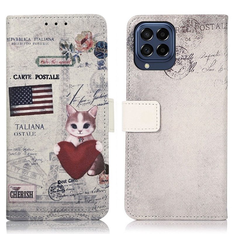 Custodia in pelle Samsung Galaxy M53 5G Gatto Viaggiatore