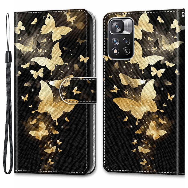 Custodia in pelle Xiaomi Redmi Note 11 Pro Plus 5G Farfalle D'oro Con Cinturino