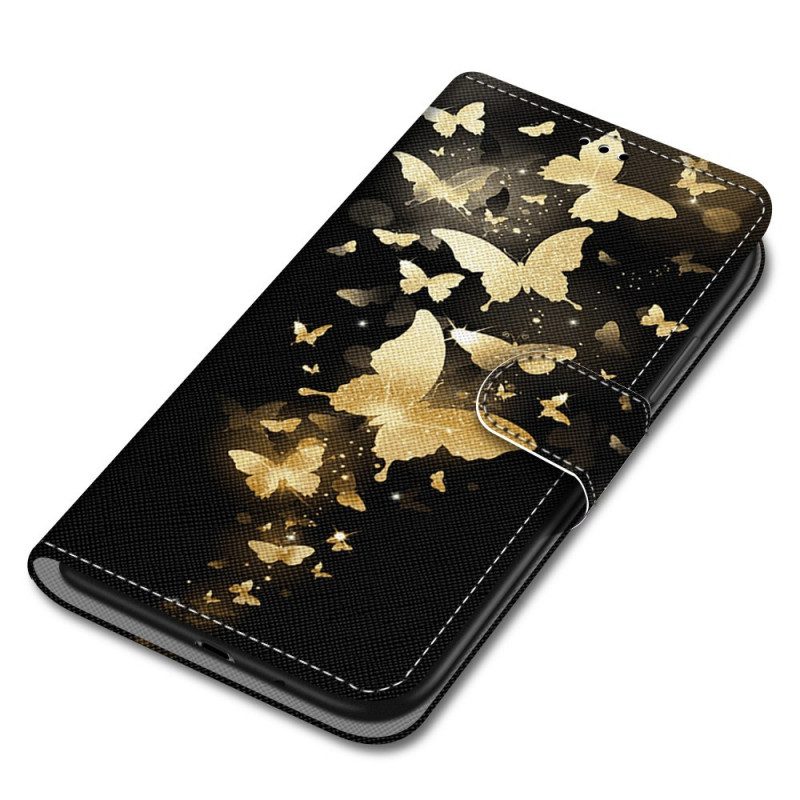 Custodia in pelle Xiaomi Redmi Note 11 Pro Plus 5G Farfalle D'oro Con Cinturino