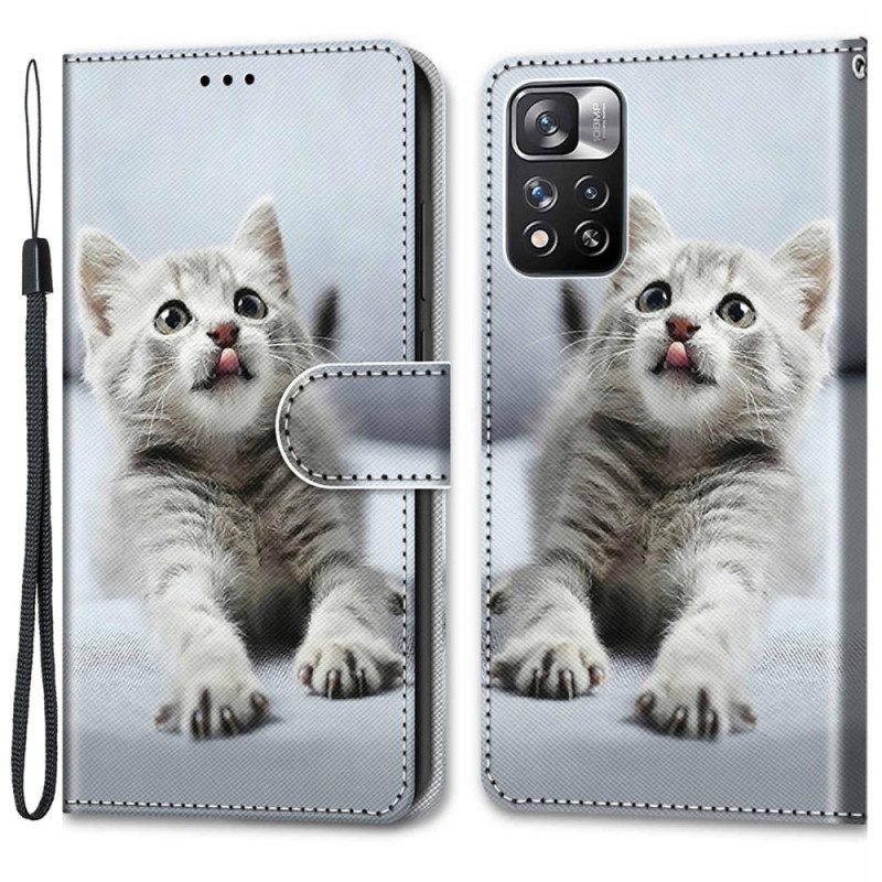 Custodia in pelle Xiaomi Redmi Note 11 Pro Plus 5G Gattino Grigio Con Cinturino