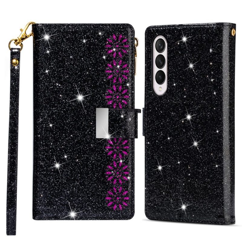 Custodia A Portafoglio Samsung Galaxy Z Fold 4 Ultra Paillettes Con Cinturino