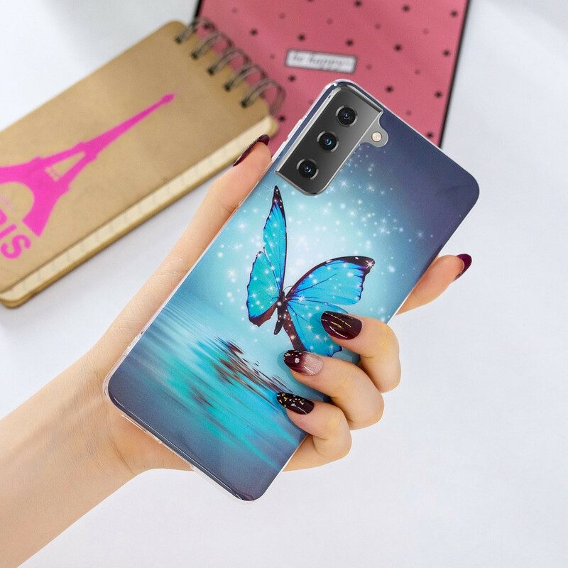 Cover Samsung Galaxy S21 5G Farfalla Blu Fluorescente