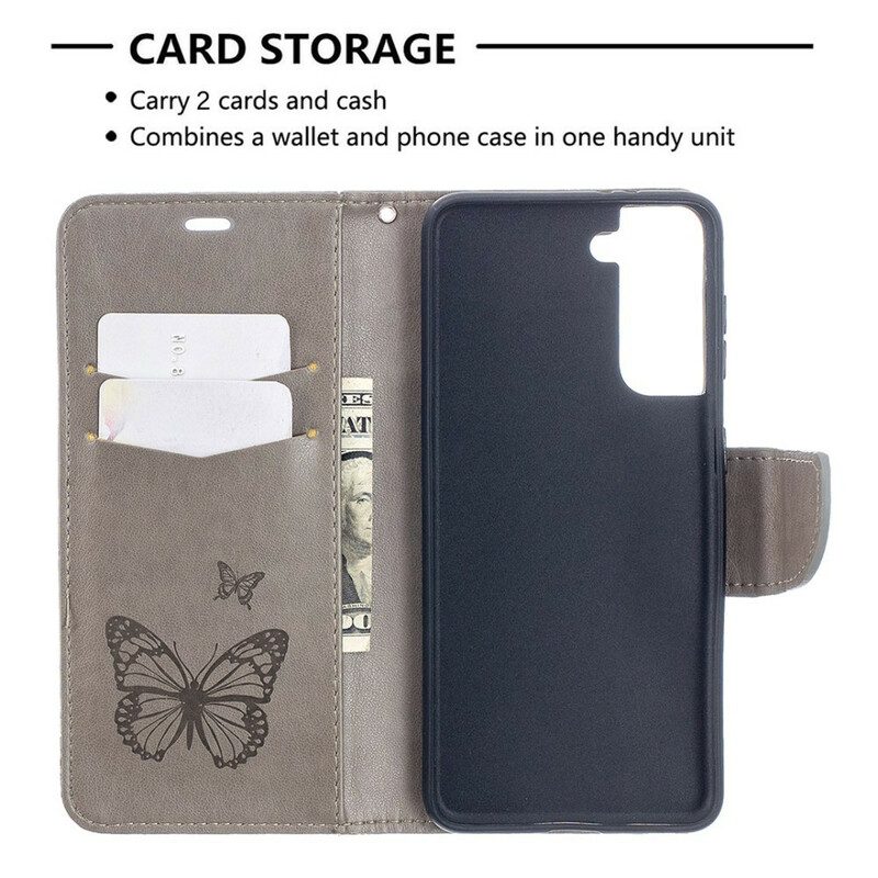 Custodia in pelle Samsung Galaxy S21 5G Farfalle In Volo Con Cordino