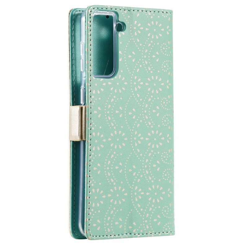 Custodia in pelle Samsung Galaxy S21 5G Portamonete Con Cinturino In Pizzo