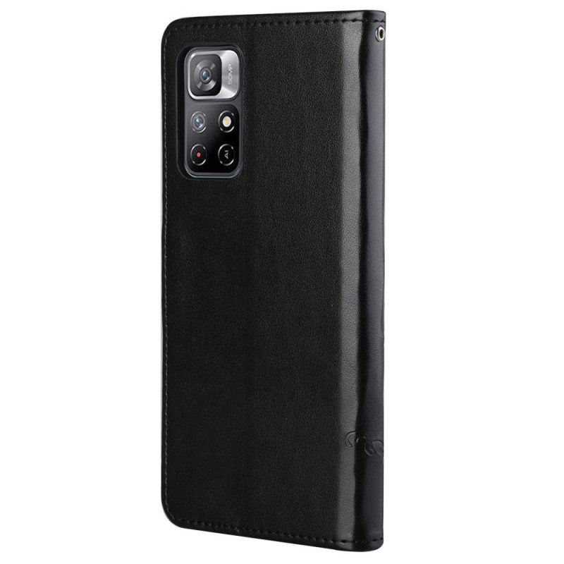 Custodia in pelle Poco M4 Pro 5G Farfalle E Fiori Asiatici