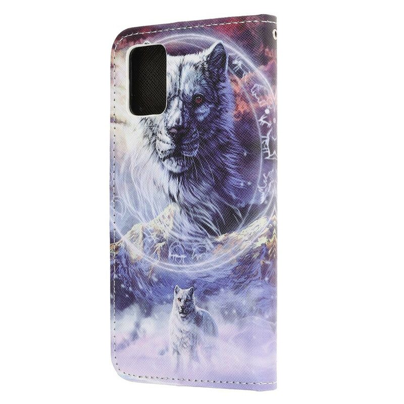 Folio Cover Samsung Galaxy A52 4G / A52 5G / A52s 5G Lupo In Inverno Con Cordino