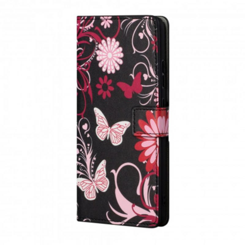 Custodia in pelle Xiaomi Redmi 10 Cinturino Farfalle E Fiori