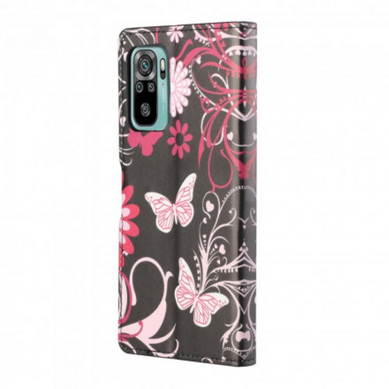 Custodia in pelle Xiaomi Redmi 10 Cinturino Farfalle E Fiori
