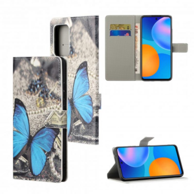 Custodia in pelle Xiaomi Redmi 10 Farfalla Blu Con Cinturino