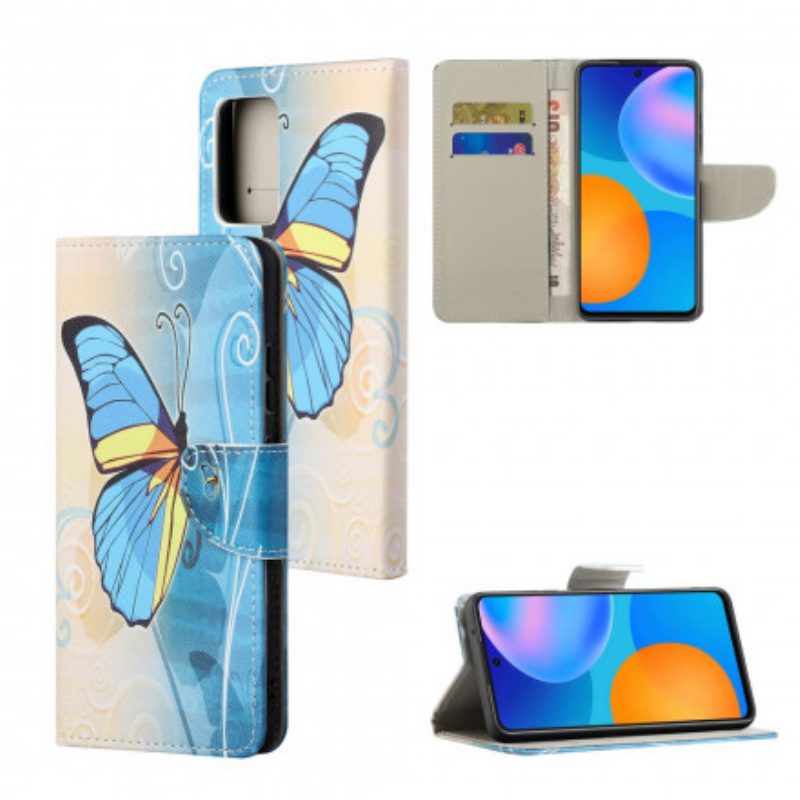 Custodia in pelle Xiaomi Redmi 10 Farfalla Blu E Gialla