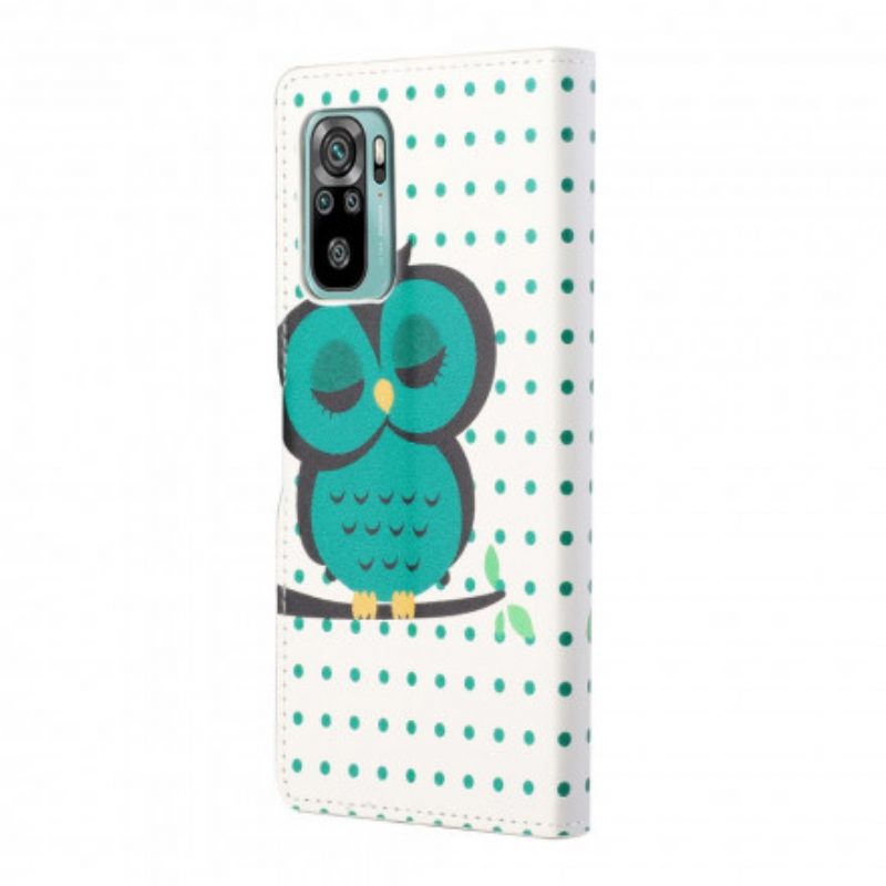 Custodia in pelle Xiaomi Redmi 10 Gufo Addormentato Con Cinturino