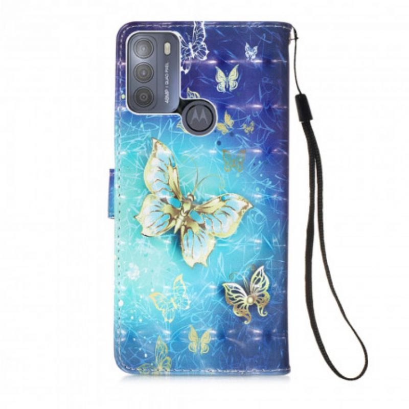 Custodia in pelle Moto G50 Cordino Farfalle Dorate