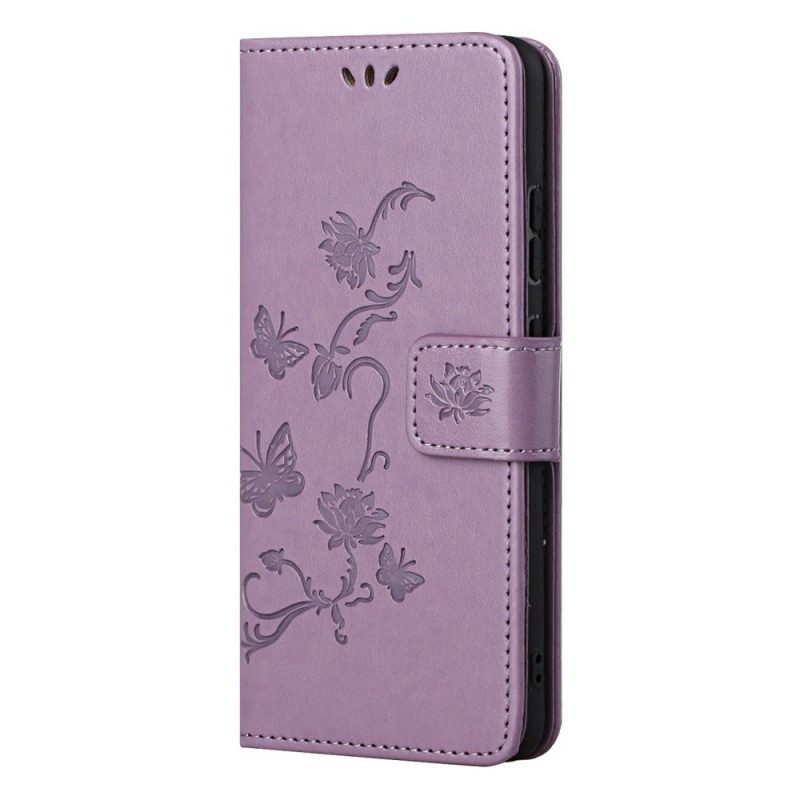 Custodia in pelle Samsung Galaxy M52 5G Cinturino Farfalle E Fiori