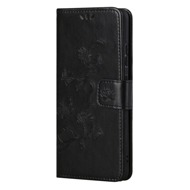 Custodia in pelle Samsung Galaxy M52 5G Cinturino Farfalle E Fiori