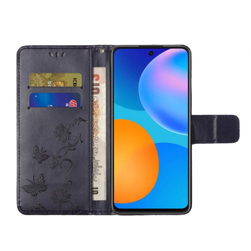 Custodia in pelle Samsung Galaxy M52 5G Cinturino Farfalle E Fiori