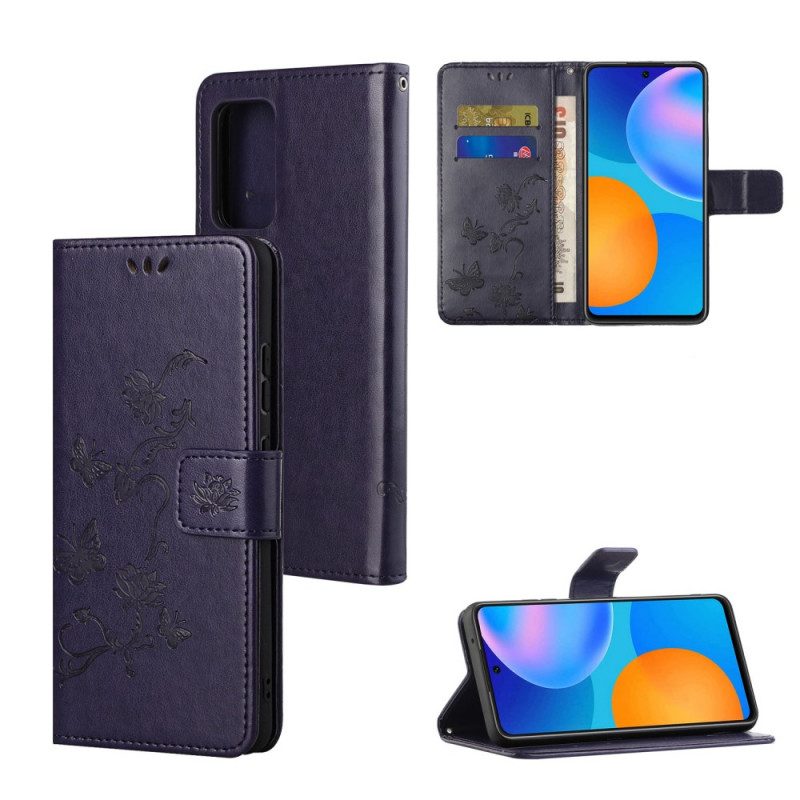 Custodia in pelle Samsung Galaxy M52 5G Cinturino Farfalle E Fiori
