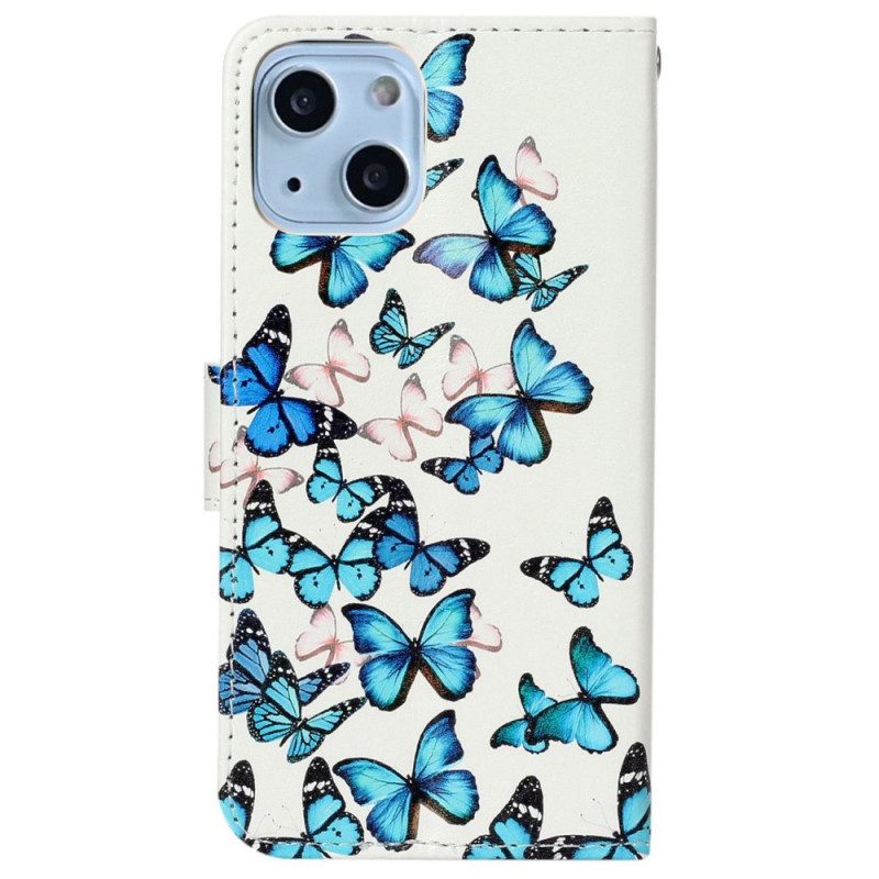 Custodia in pelle iPhone 14 Farfalle In Volo