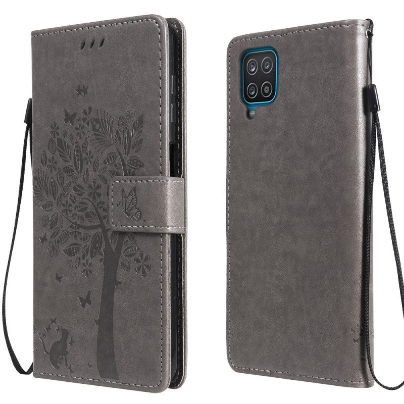 Custodia in pelle Samsung Galaxy M12 / A12 Albero E Gatto Strappy