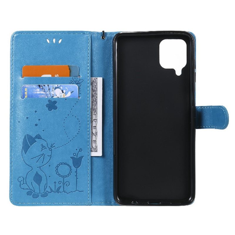 Custodia in pelle Samsung Galaxy M12 / A12 Gatto E Ape Con Cordino