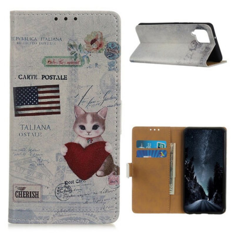 Custodia in pelle Samsung Galaxy M12 / A12 Gatto Viaggiatore